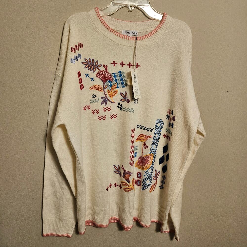 Johnny Was Ginnie Drop Shoulder Pullover Sweater Cream Wool Blend XL NWT